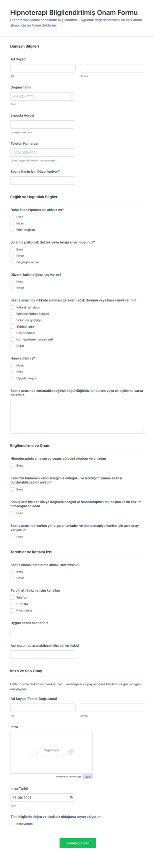 Hipnoterapi Bilgilendirme Onay Form Şablonu
