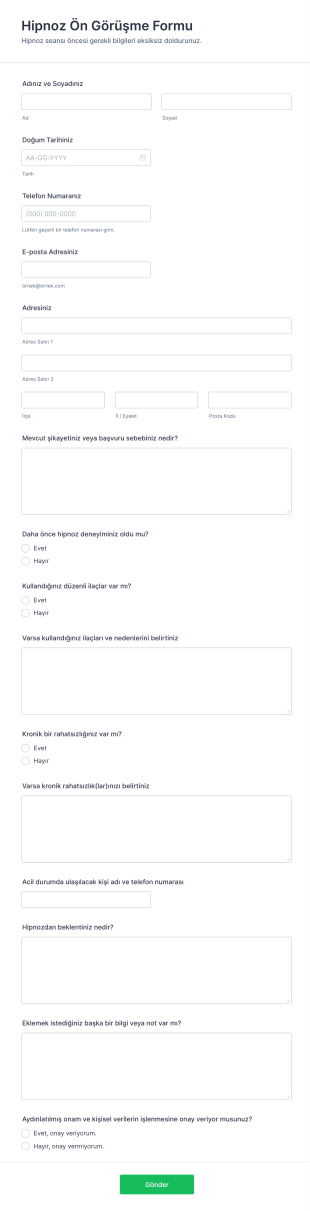 Hipnoz Ön Görüşme Form Şablonu