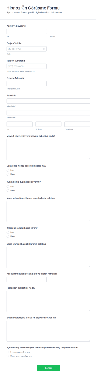 Hipnoz Ön Görüşme Form Şablonu