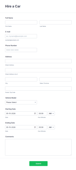 Hire A Car Form Template