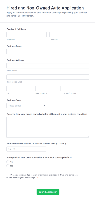 Hired And Non Owned Auto Application Form Template