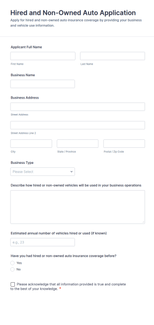 Hired And Non Owned Auto Application Form Template