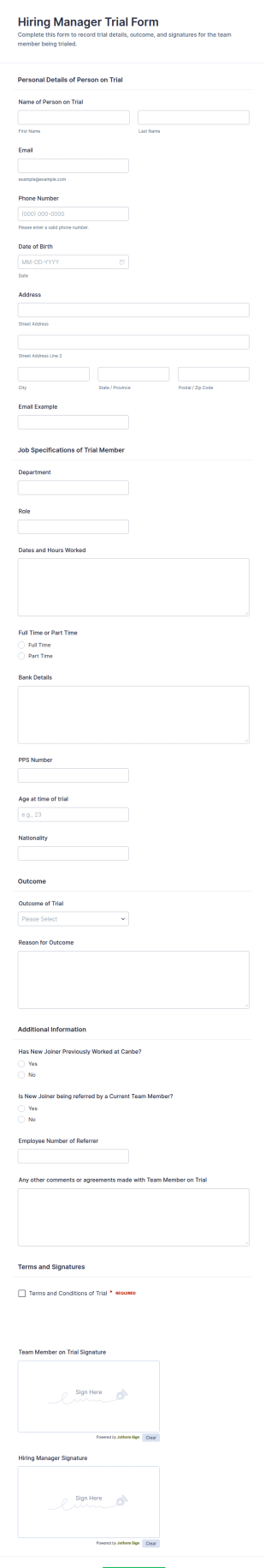 Hiring Manager Trial Form Template