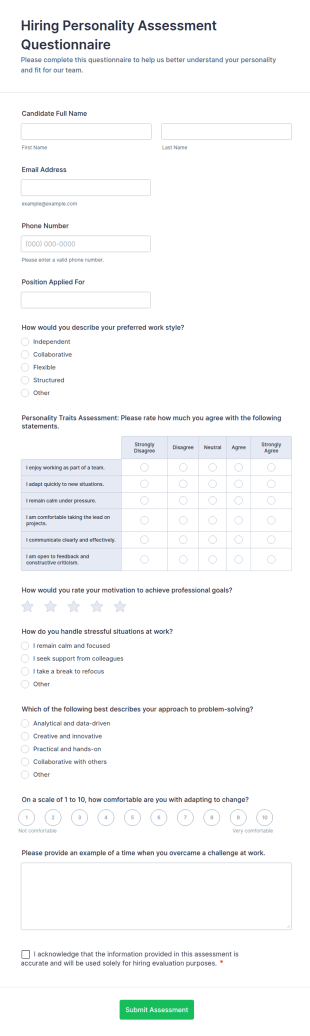 Hiring Personality Assessment Questionnaire Form Template