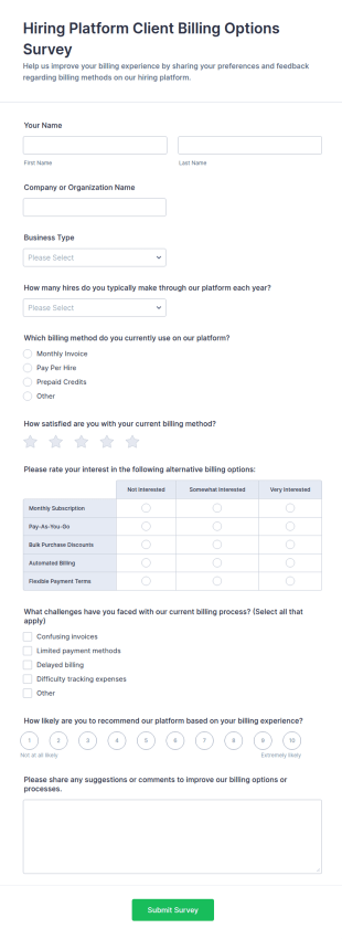 Hiring Platform Client Billing Options Survey Form Template