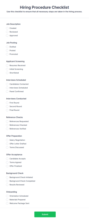 Hiring Procedure Checklist Form Template