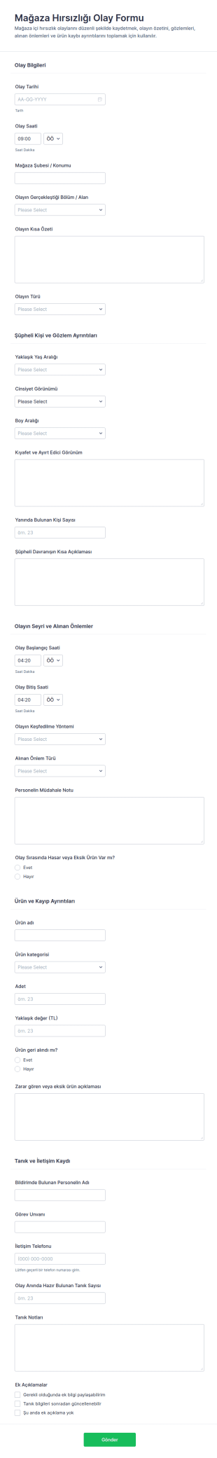 Hırsızlık Olayı Bildirim Form Şablonu