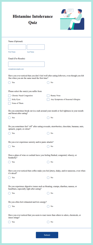 Histamine Intolerance Quiz Form Template