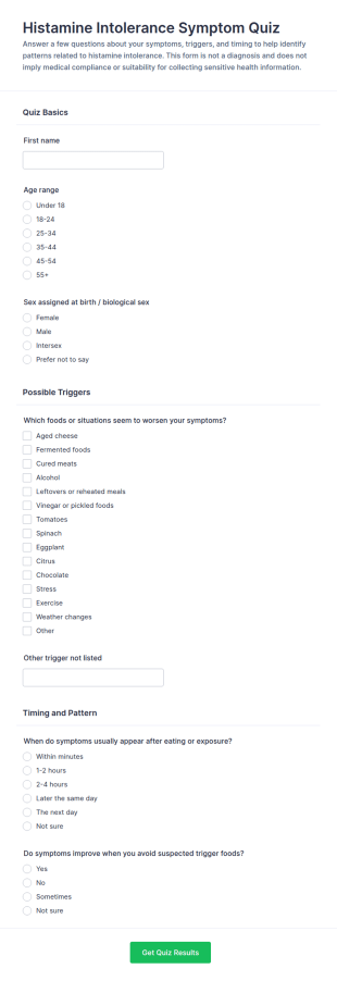 Histamine Intolerance Symptom Quiz Form Template