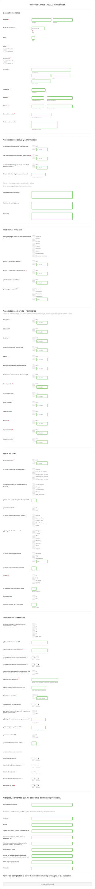 Historial Clínico ABACOH! Nutrición Form Template