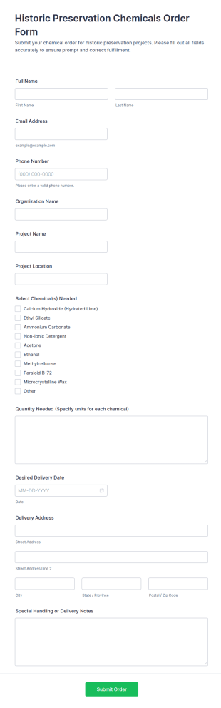 Historic Preservation Chemicals Order Form Template