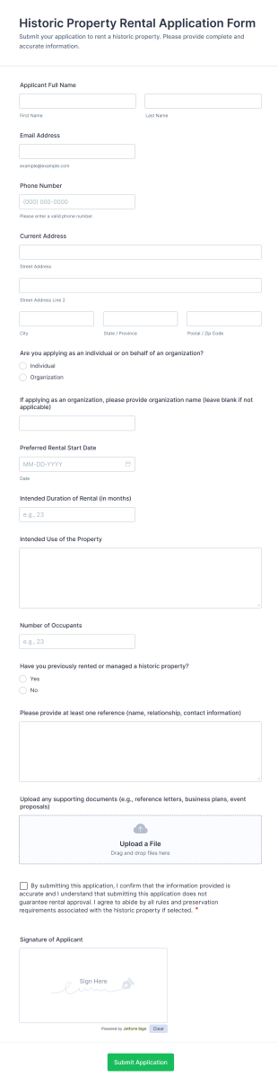 Historic Property Rental Application Form Template