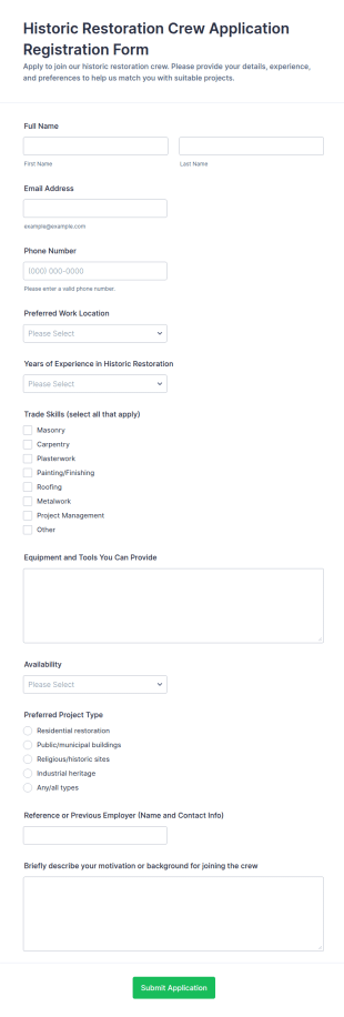 Historic Restoration Crew Application Form Template