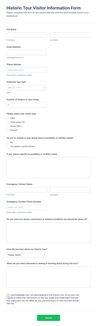 Historic Tour Visitor Information Form Template