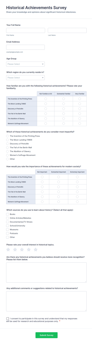 Historical Achievements Survey Form Template