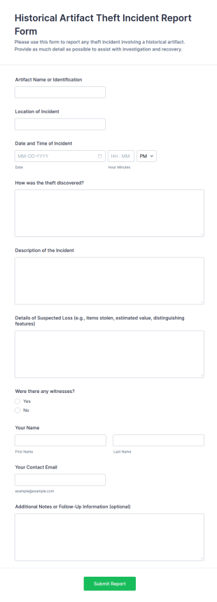 Historical Artifact Theft Incident Report Form Template