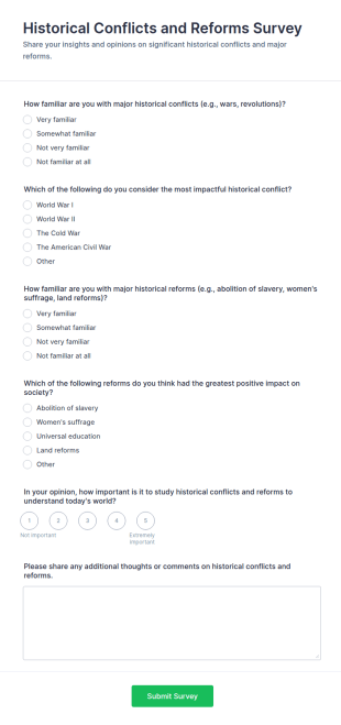 Historical Conflicts And Reforms Survey Form Template