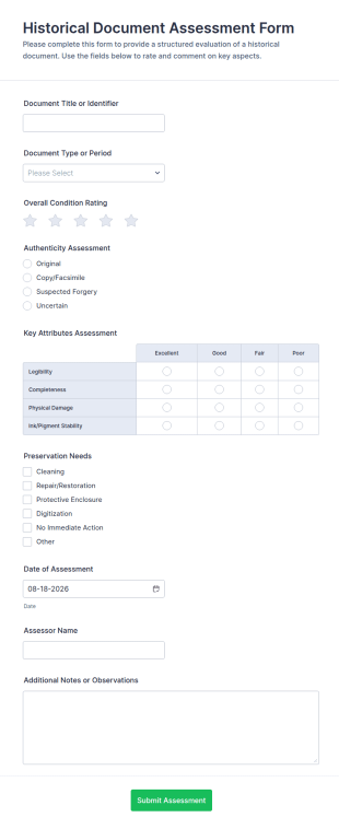 Historical Document Assessment Form Template