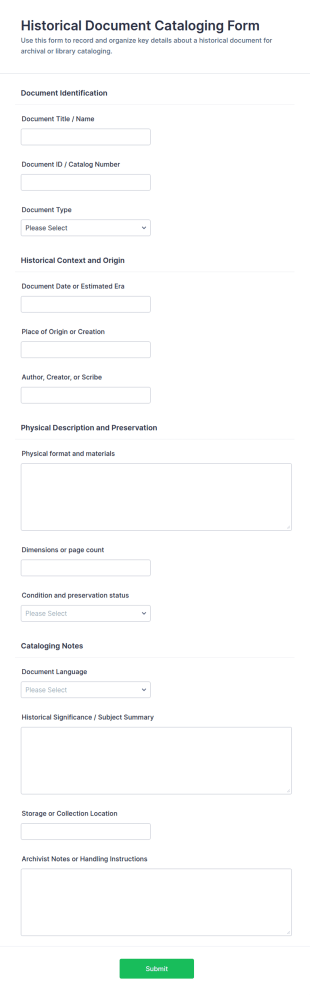 Historical Document Cataloging Form Template