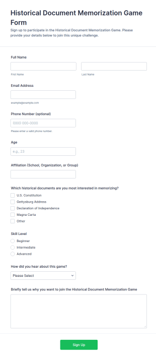 Historical Document Memorization Game Signup Form Template