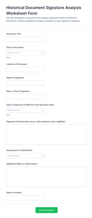 Historical Document Signature Analysis Worksheet Form Template