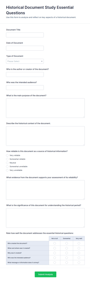Historical Document Study Essential Questions Form Template