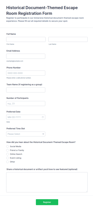 Historical Document Themed Escape Room Registration Form Template