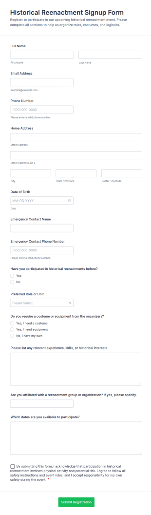 Historical Reenactment Signup Form Template
