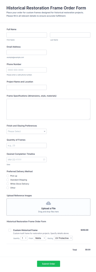Historical Restoration Frame Order Form Template