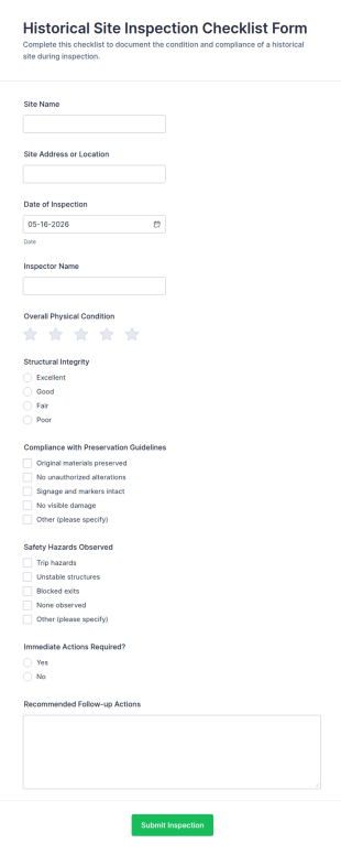 Historical Site Inspection Checklist Form Template