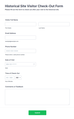 Historical Site Visitor Check Out Form Template