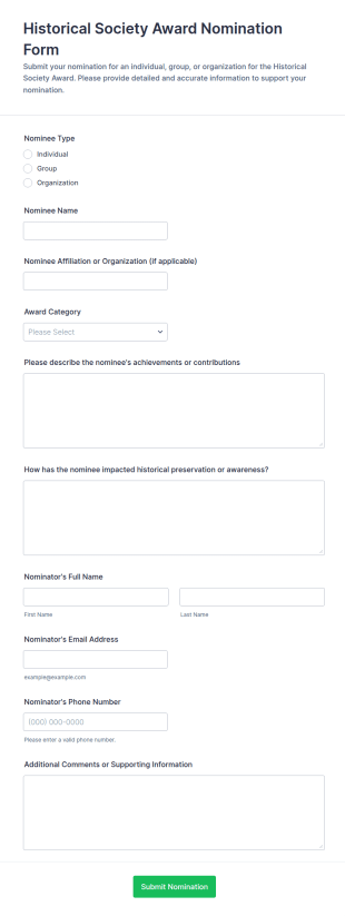 Historical Society Award Nomination Form Template