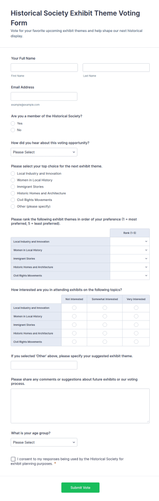 Historical Society Exhibit Theme Voting Form Template