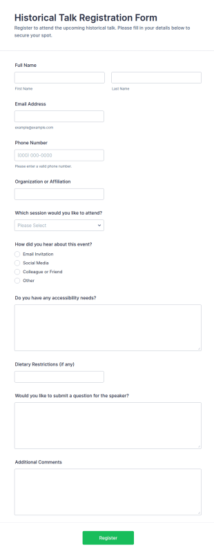 Historical Talk Registration Form Template