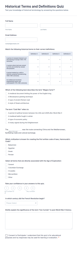 Historical Terms And Definitions Quiz Form Template