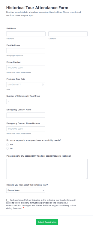 Historical Tour Attendance Form Template