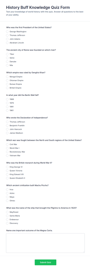 History Buff Knowledge Quiz Form Template