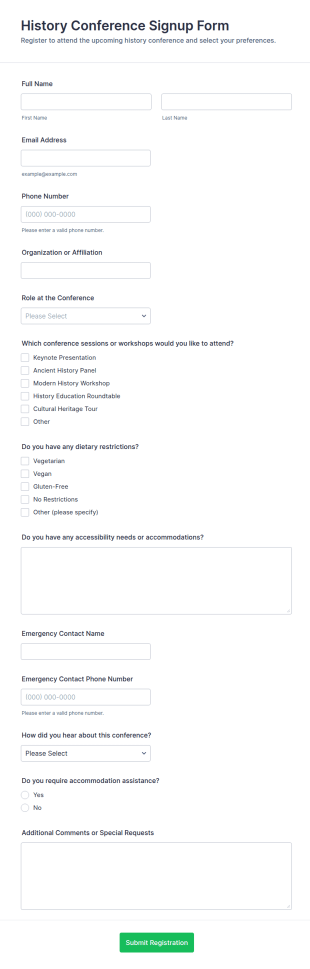 History Conference Signup Form Template