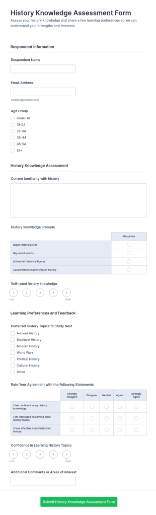 History Knowledge Assessment Form Template