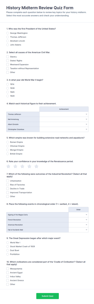 History Midterm Review Quiz Form Template