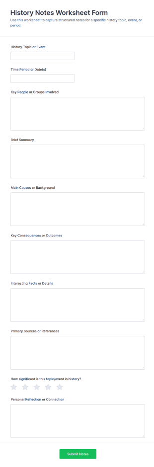 History Notes Worksheet Form Template