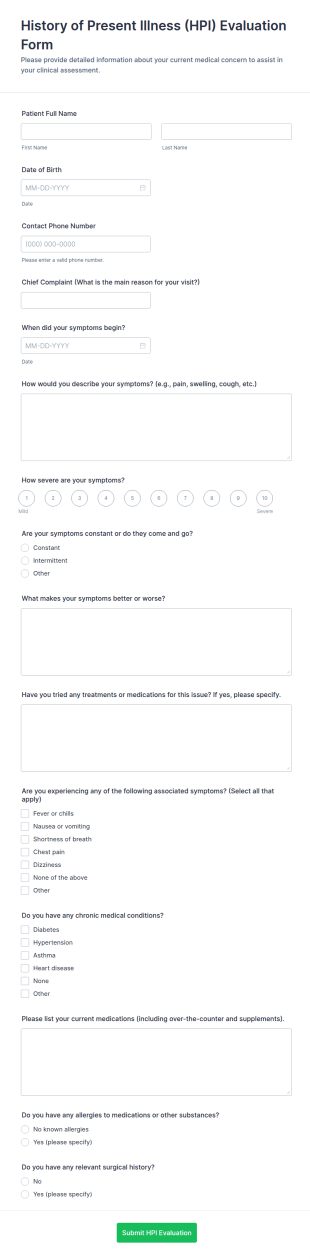 History Of Present Illness (HPI) Evaluation Form Template