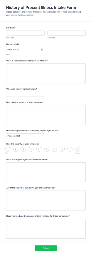 History Of Present Illness Intake Form Template