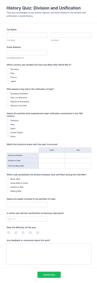 History Quiz Form: Division And Unification Form Template