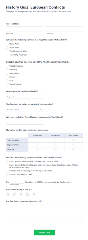 History Quiz: European Conflicts Form Template