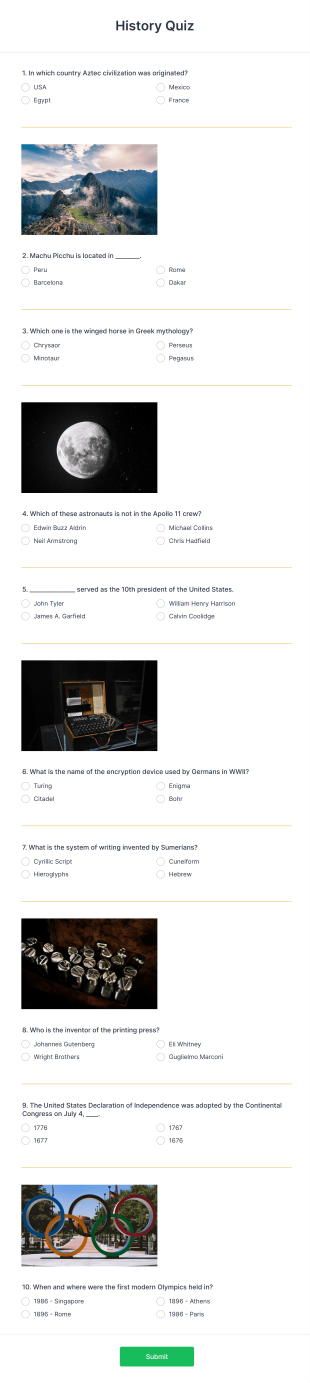 History Quiz Form Template