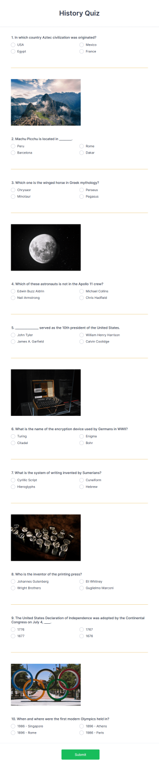 History Quiz Form Template