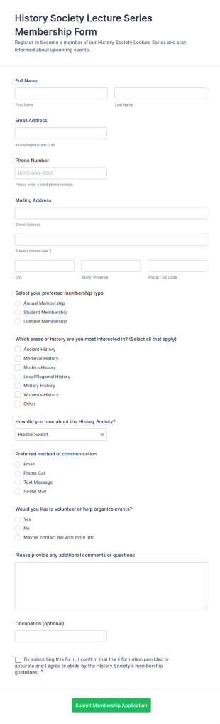 History Society Lecture Series Membership Form Template