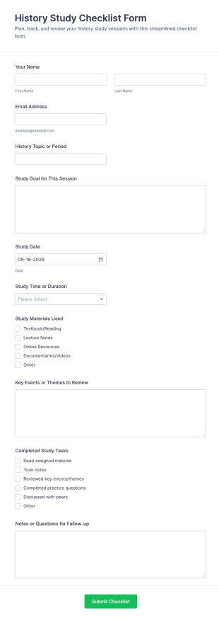 History Study Checklist Form Template