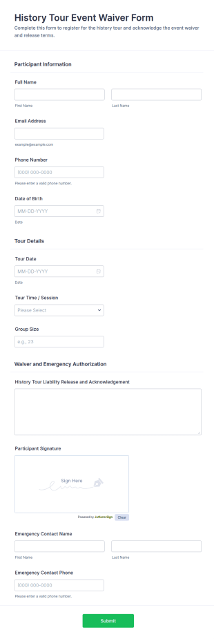 History Tour Event Waiver Form Template